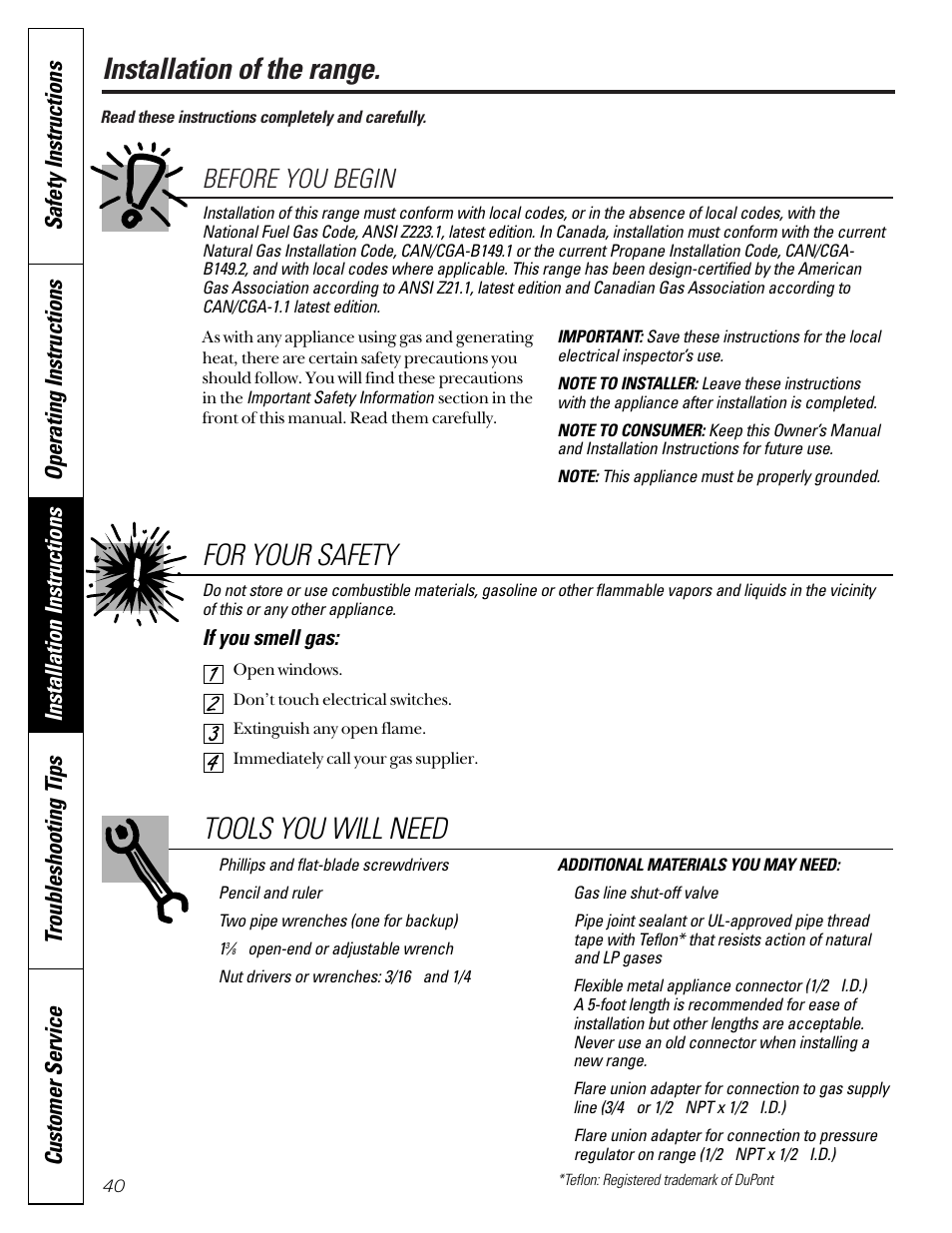 Installation instructions, Installation instructions –51, Installation of the range | For your safety, Tools you will need, Before you begin, If you smell gas | GE JGB910 User Manual | Page 40 / 60