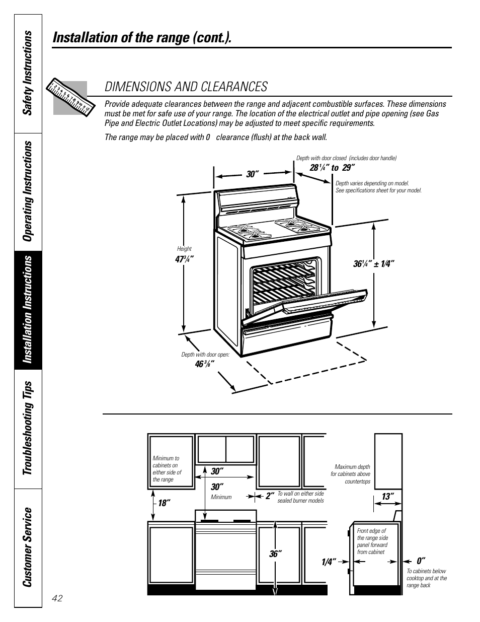 Installation of the range (cont.), Dimensions and clearances | GE JGB910 User Manual | Page 42 / 60