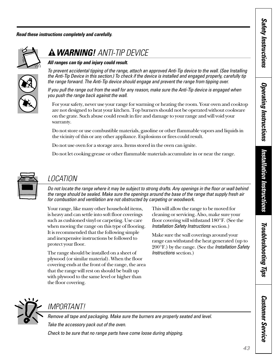 Flooring under the range, Warning! anti-tip device, Important | Location | GE JGB910 User Manual | Page 43 / 60