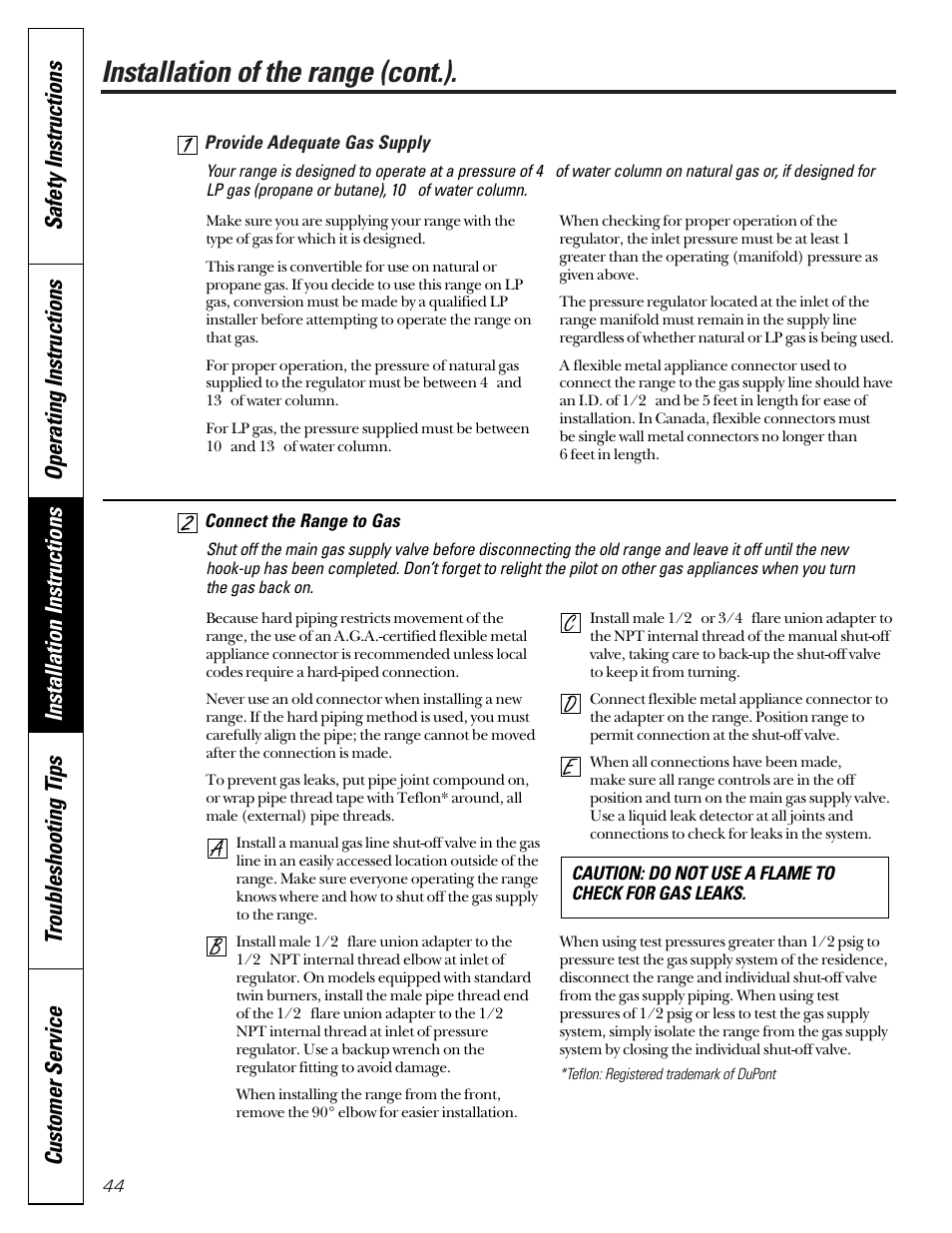 Installation of the range (cont.) | GE JGB910 User Manual | Page 44 / 60