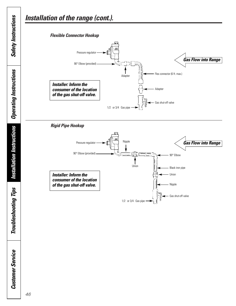 Installation of the range (cont.), Operating instructions, Flexible connector hookup rigid pipe hookup | Gas flow into range | GE JGB910 User Manual | Page 46 / 60