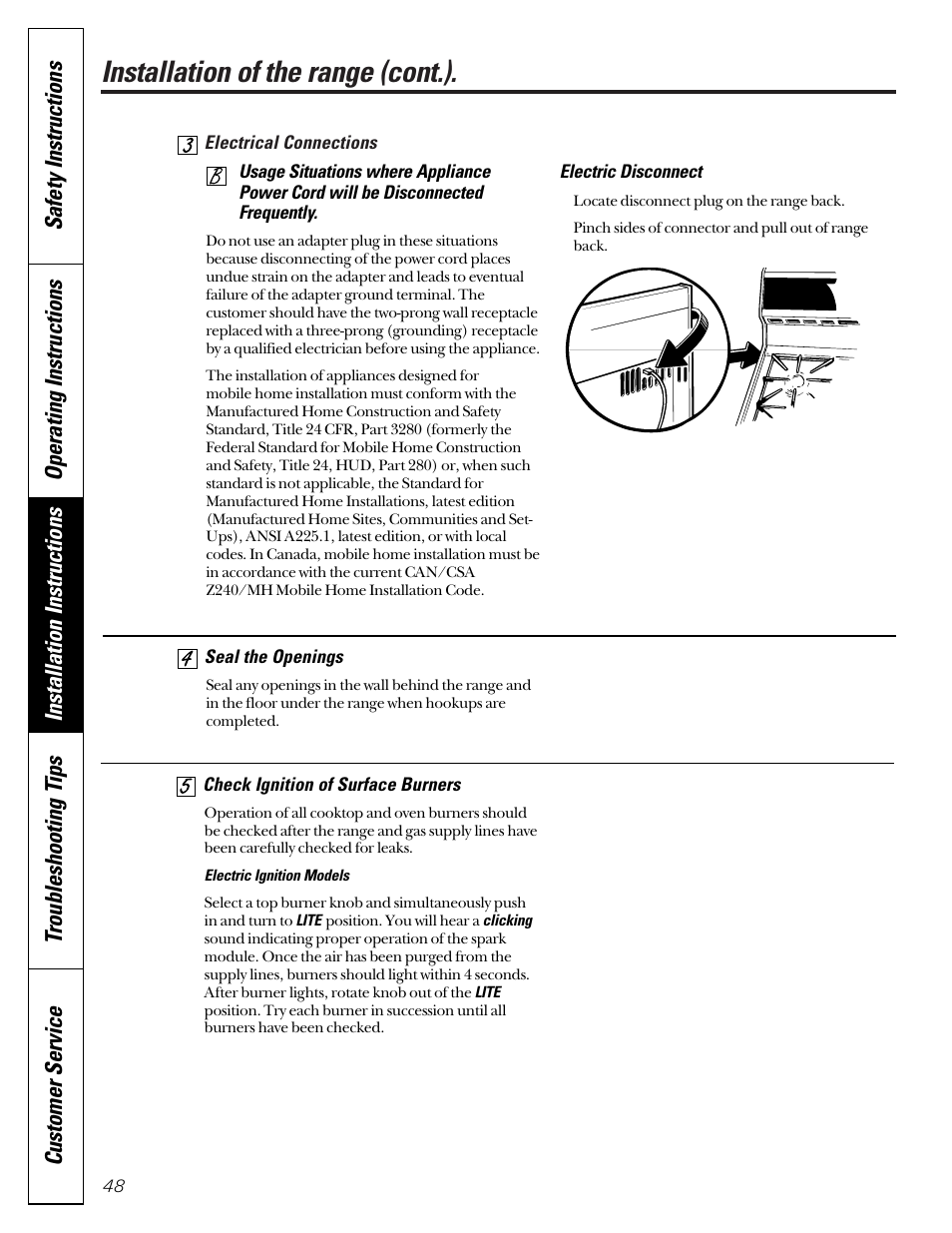 Installation of the range (cont.), Operating instructions | GE JGB910 User Manual | Page 48 / 60