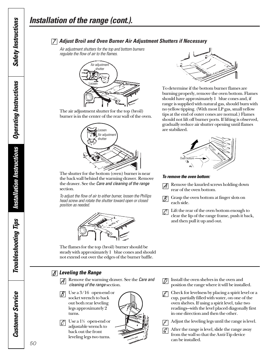 Air adjustment, Leveling, Installation of the range (cont.) | Operating instructions | GE JGB910 User Manual | Page 50 / 60