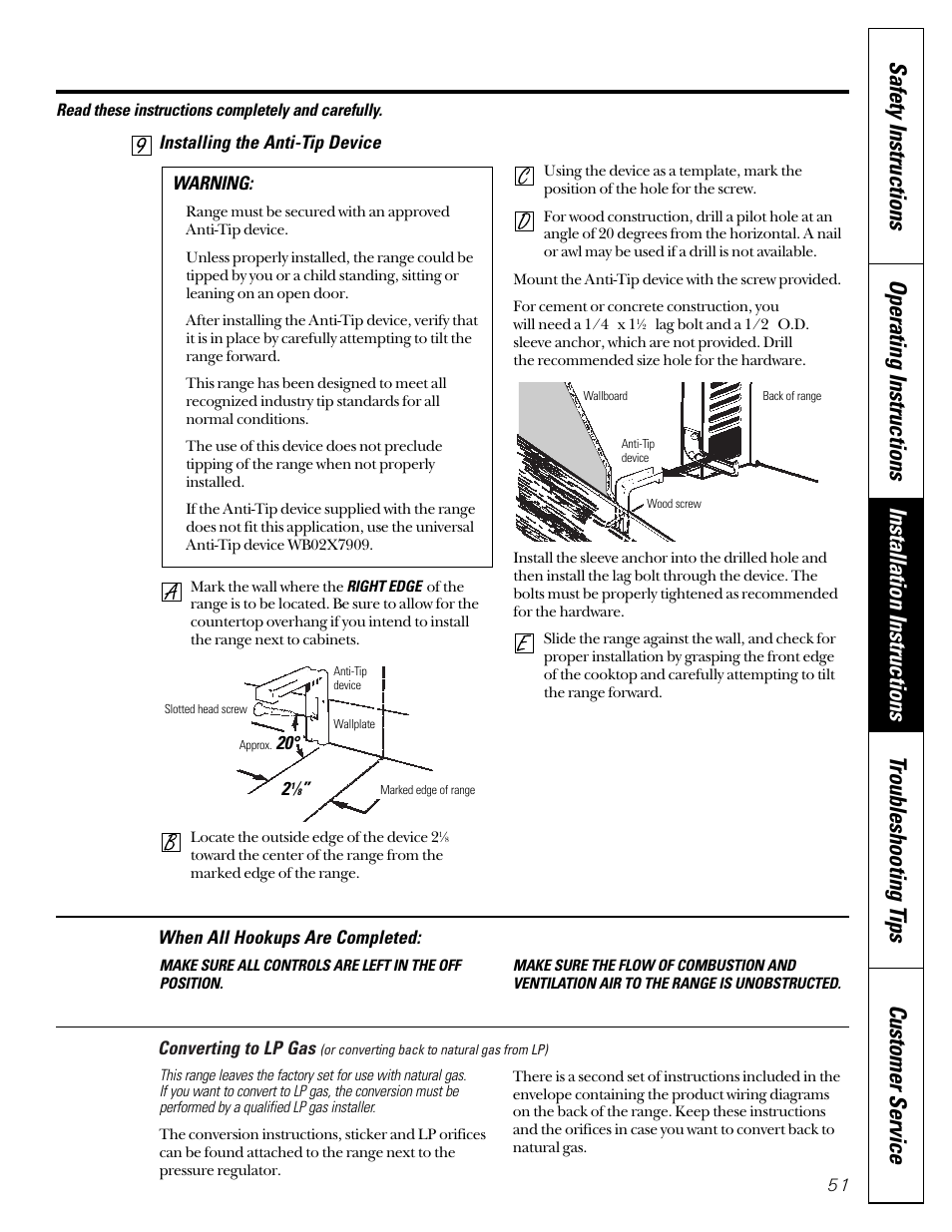Converting to lp gas, Installing the anti-tip device, Warning | When all hookups are completed | GE JGB910 User Manual | Page 51 / 60