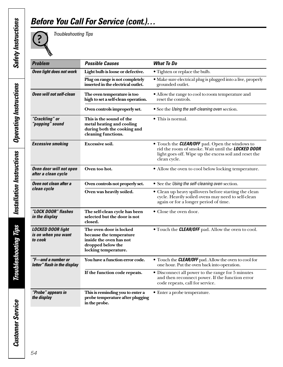 Before you call for service (cont.), Operating instructions | GE JGB910 User Manual | Page 54 / 60