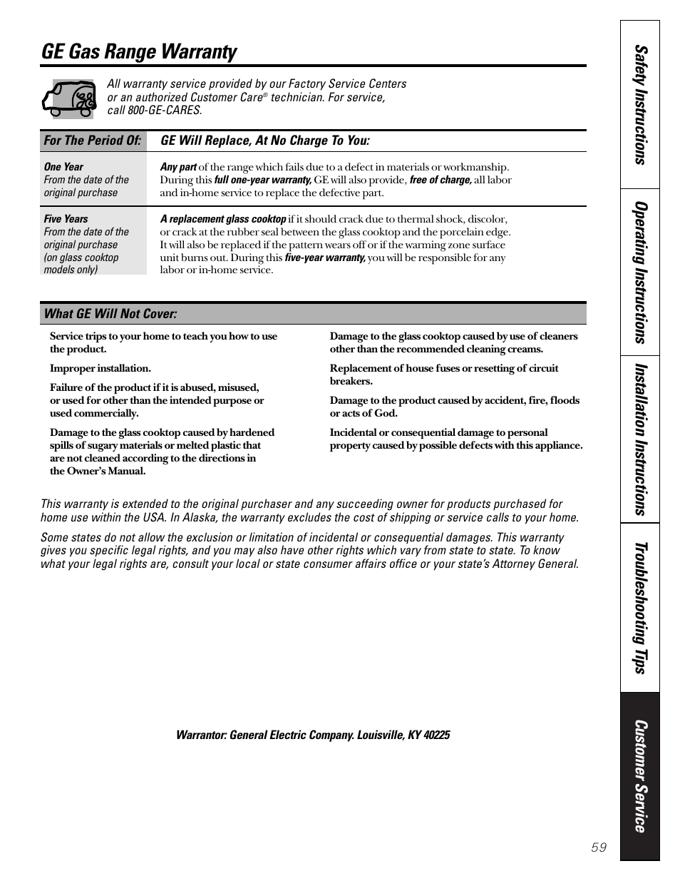 Warranty, Ge gas range warranty | GE JGB910 User Manual | Page 59 / 60