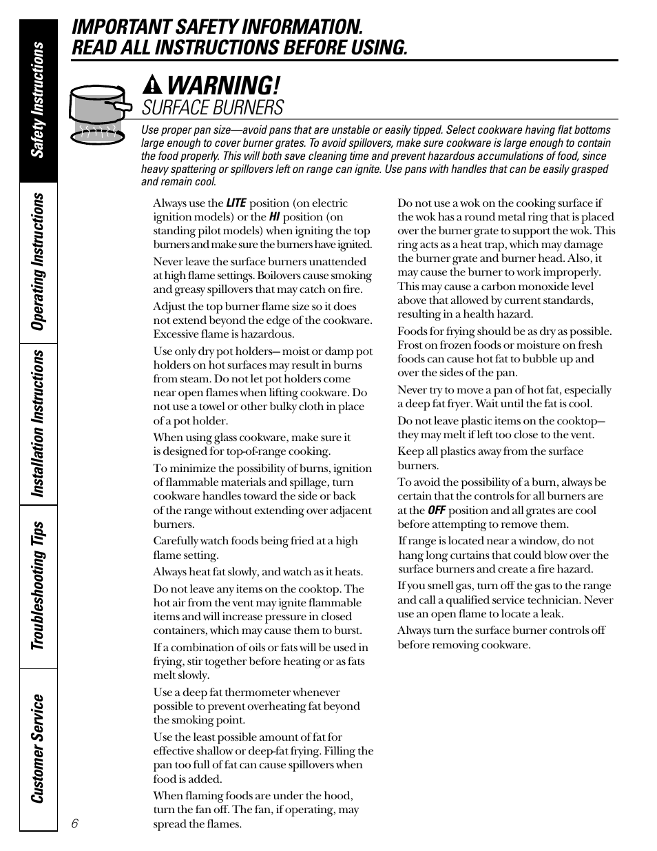 Warning, Surface burners, Operating instructions | GE JGB910 User Manual | Page 6 / 60