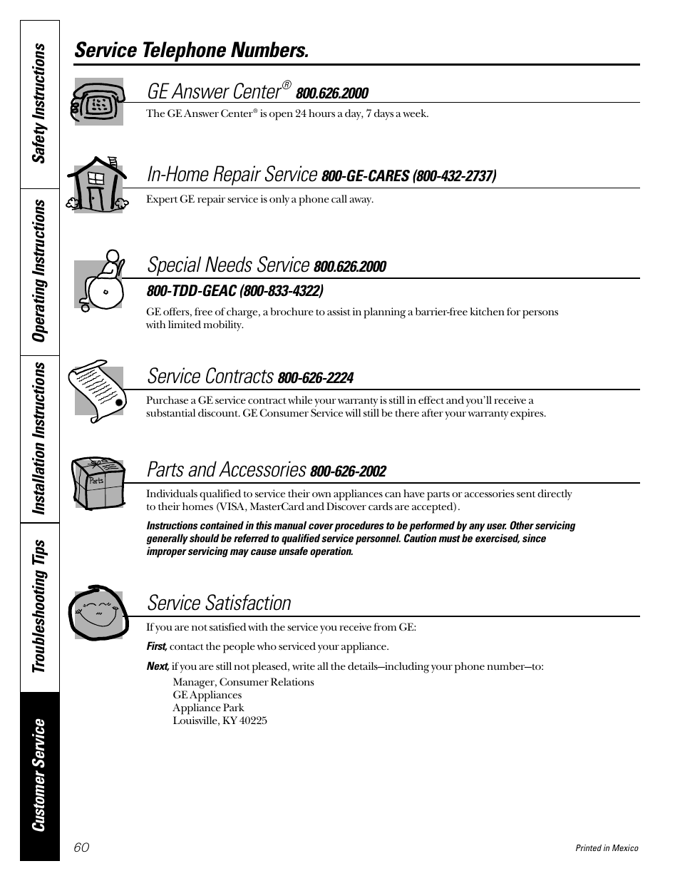 Important phone numbers, Important phone, Numbers . . . . . . . . . . . . .back cover | Service telephone numbers. ge answer center, In-home repair service, Special needs service, Service contracts, Parts and accessories, Service satisfaction | GE JGB910 User Manual | Page 60 / 60