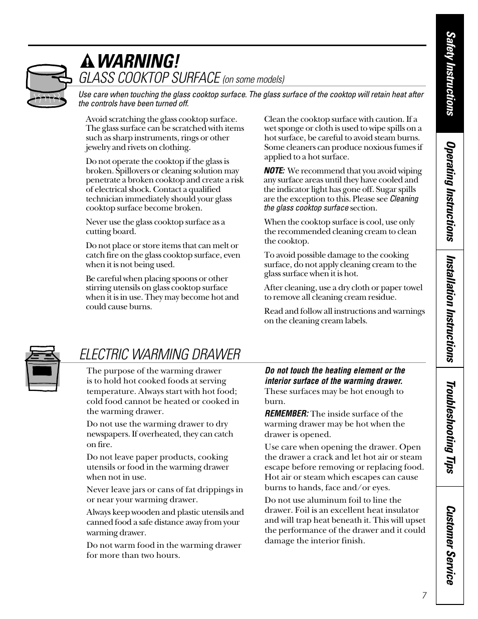 Warning, Electric warming drawer, Glass cooktop surface | GE JGB910 User Manual | Page 7 / 60