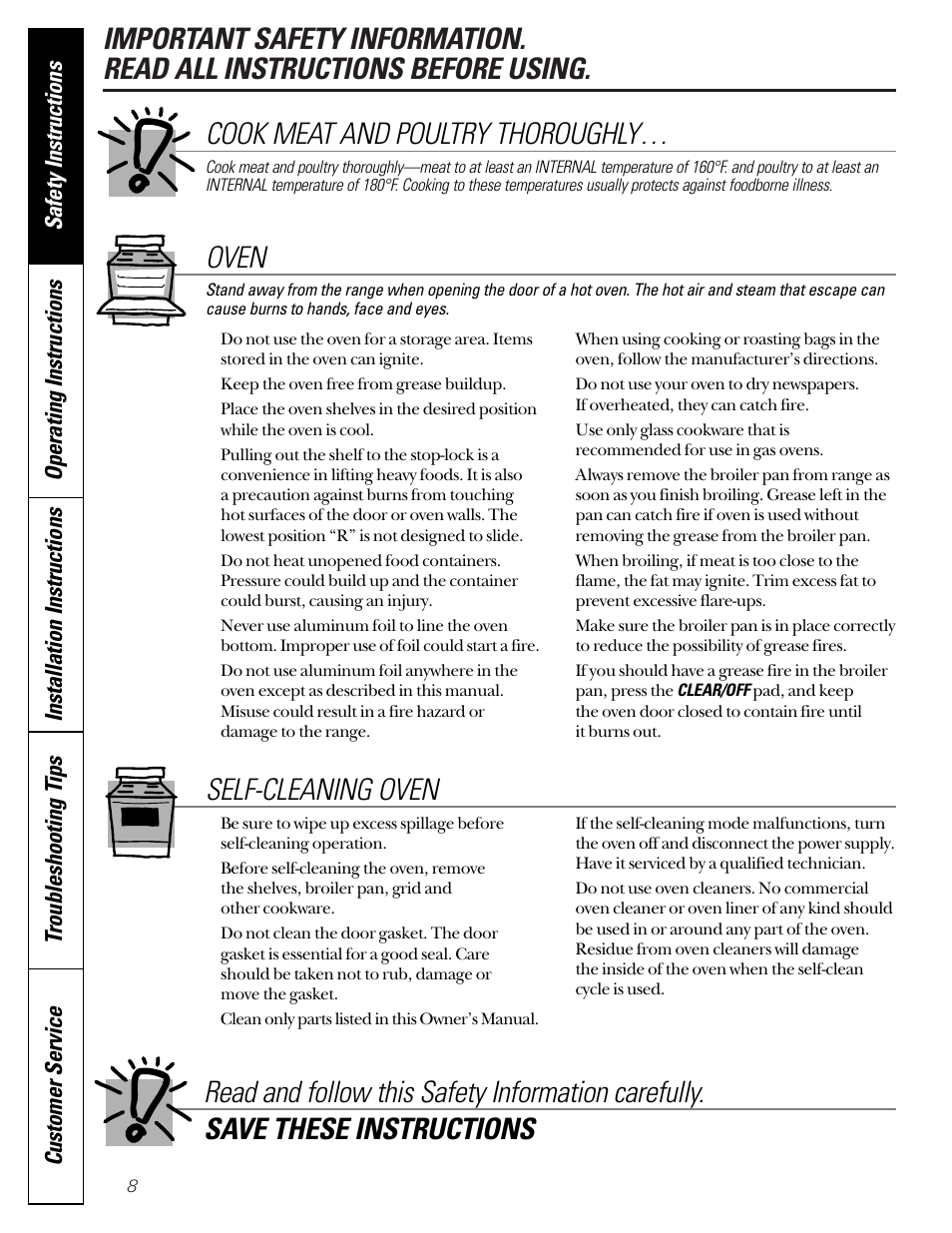 Self-cleaning oven, Oven, Cook meat and poultry thoroughly | GE JGB910 User Manual | Page 8 / 60