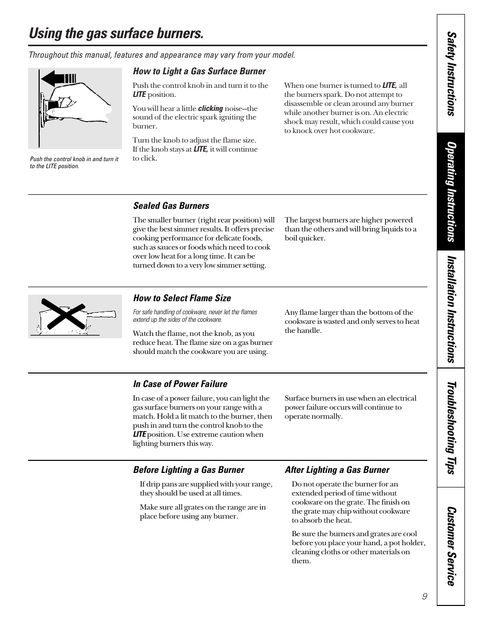 Surface cooking, Control settings, Surface cooking –11 | Using the gas surface burners | GE JGB910 User Manual | Page 9 / 60