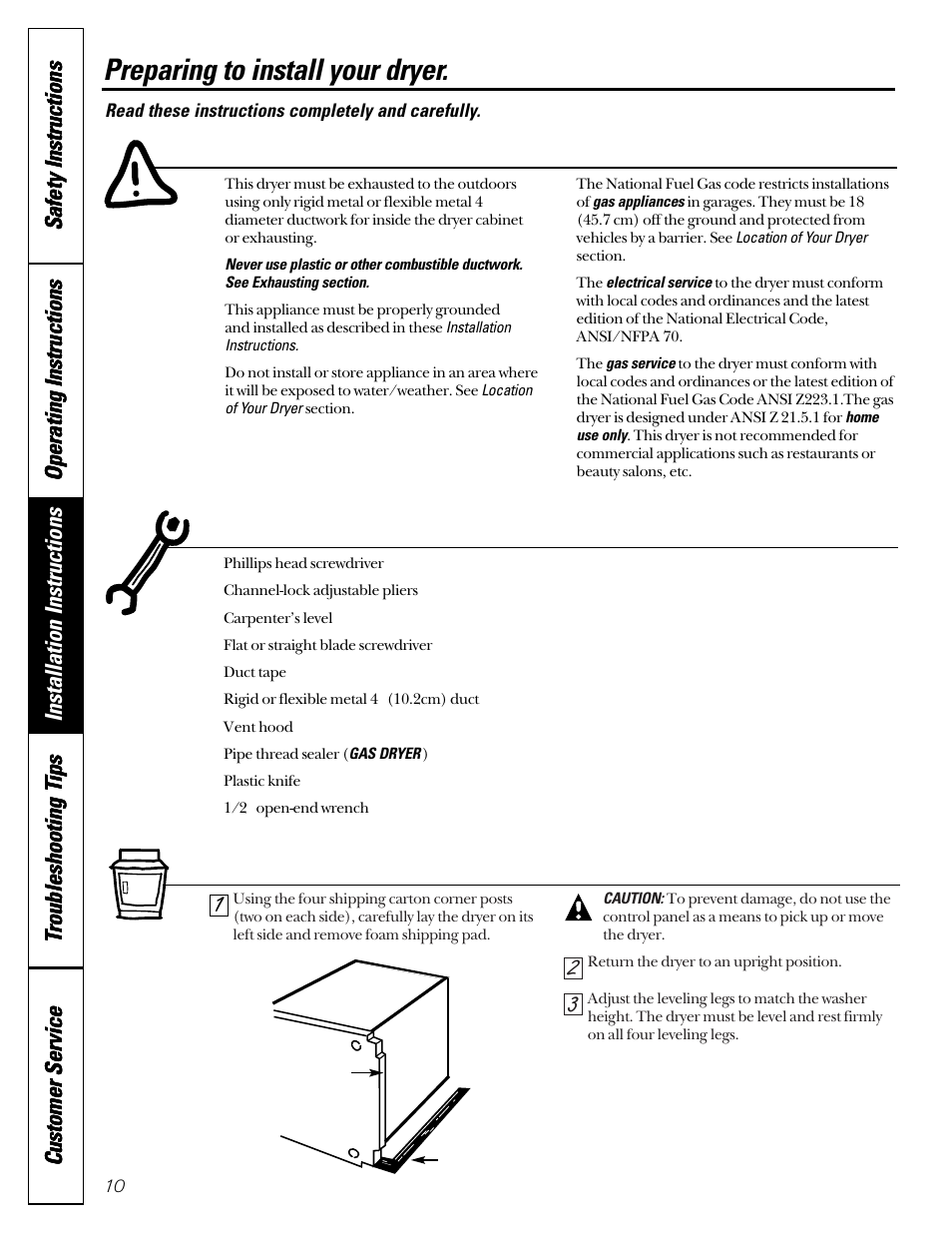 Prepare to install your dryer, Preparing to install your dryer, Warning | Unpacking the dryer | GE DCL333 User Manual | Page 10 / 24