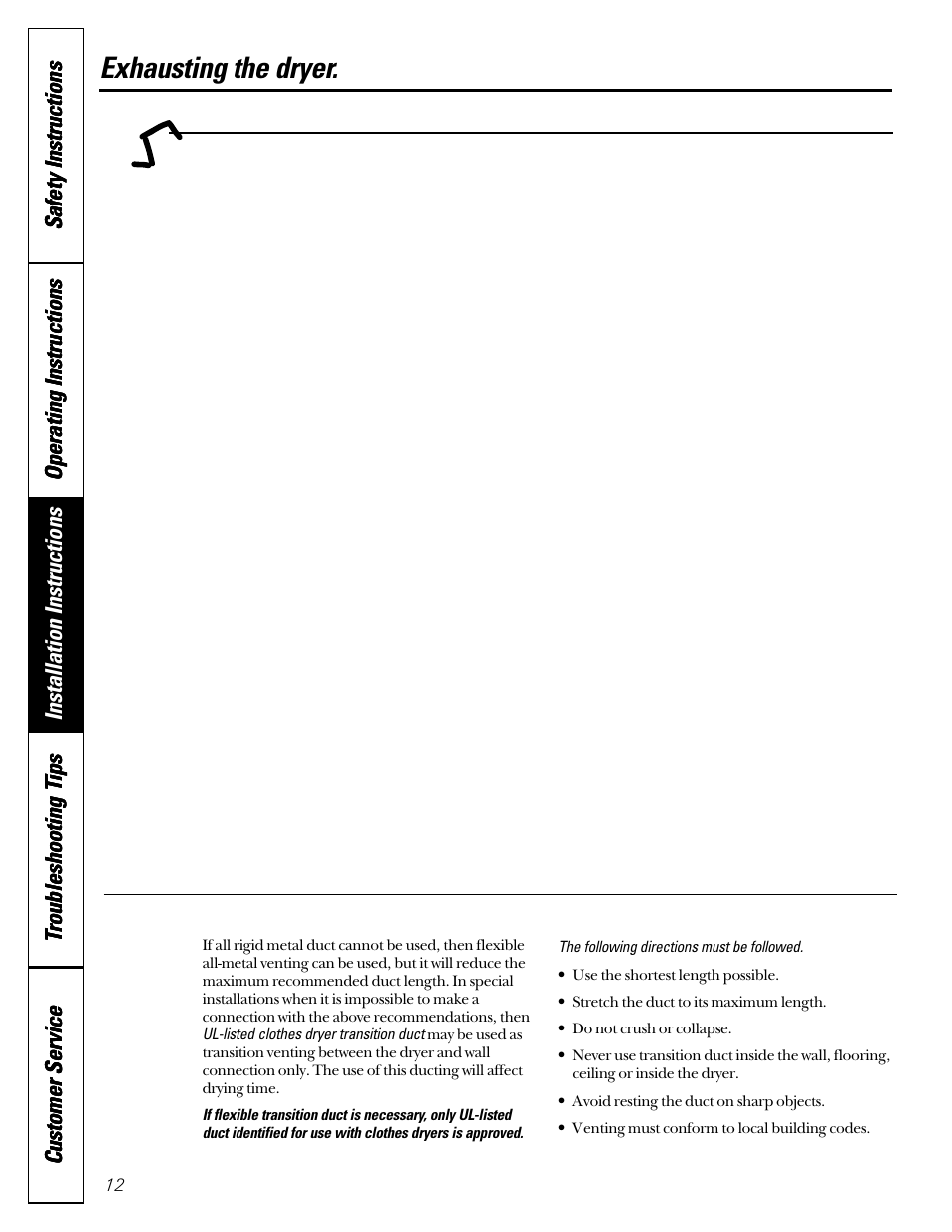 Exhausting the dryer, Exhausting the dryer. exhaust system requirements | GE DCL333 User Manual | Page 12 / 24