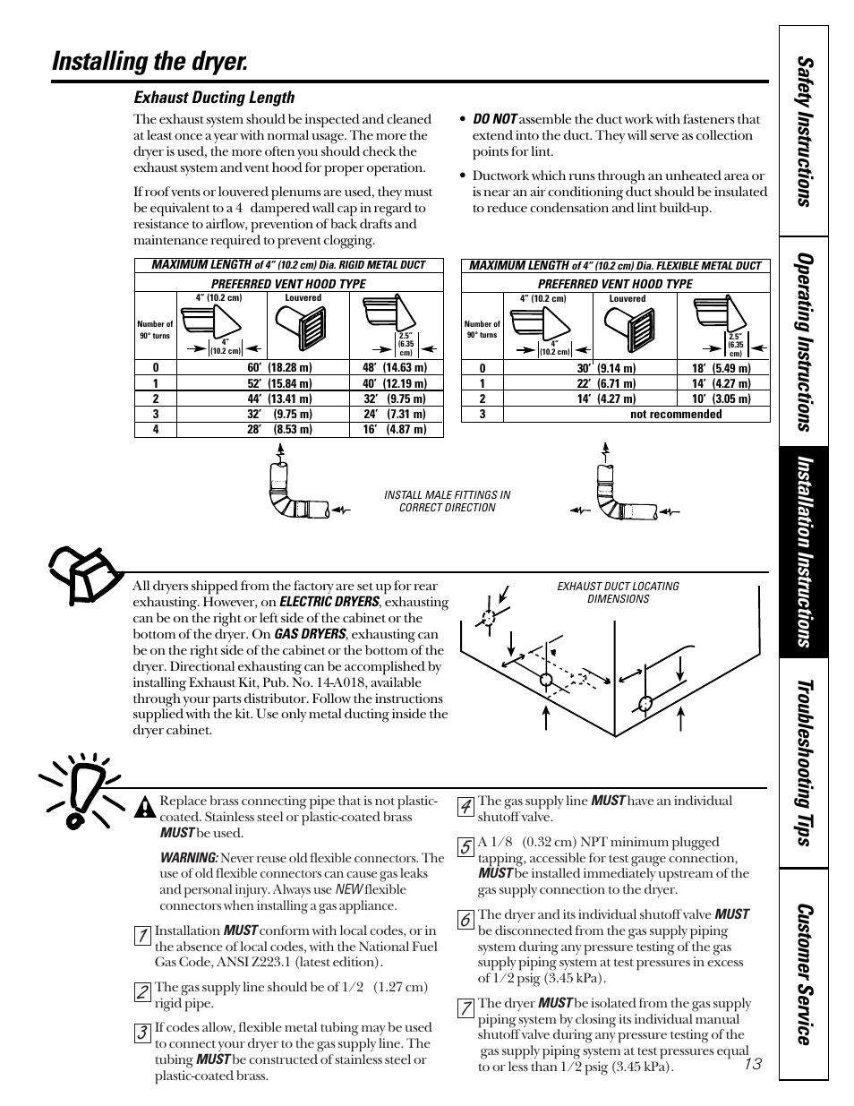 Gas supply requirements, Installing the dryer. exhaust direction, Exhaust ducting length | GE DCL333 User Manual | Page 13 / 24