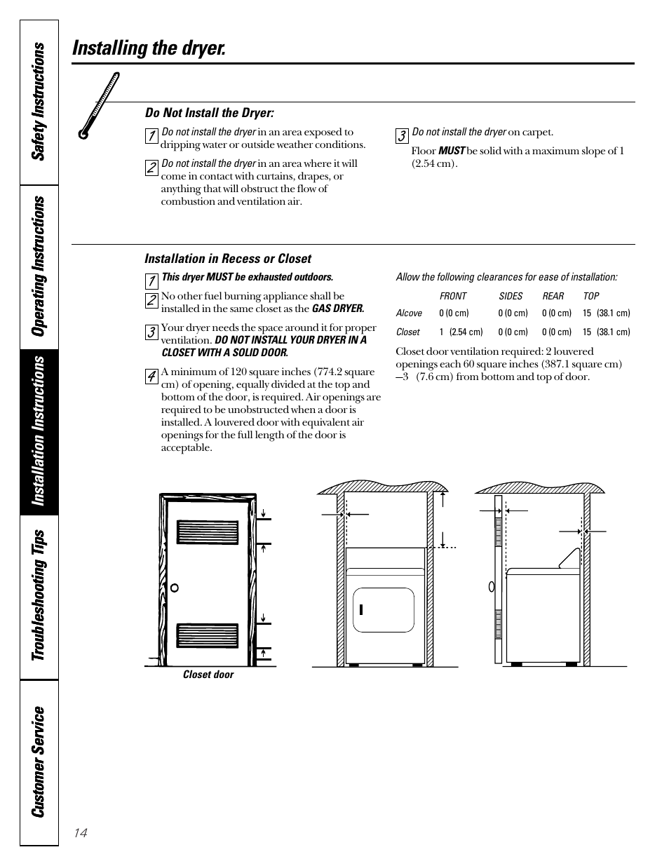 Location of your dryer, Installing the dryer. location of your dryer | GE DCL333 User Manual | Page 14 / 24