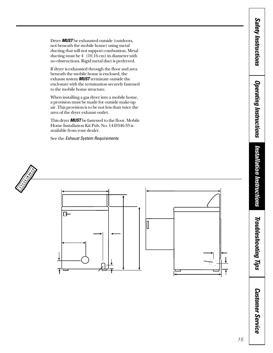 Mobile home installation, Rough-in dimensions | GE DCL333 User Manual | Page 15 / 24