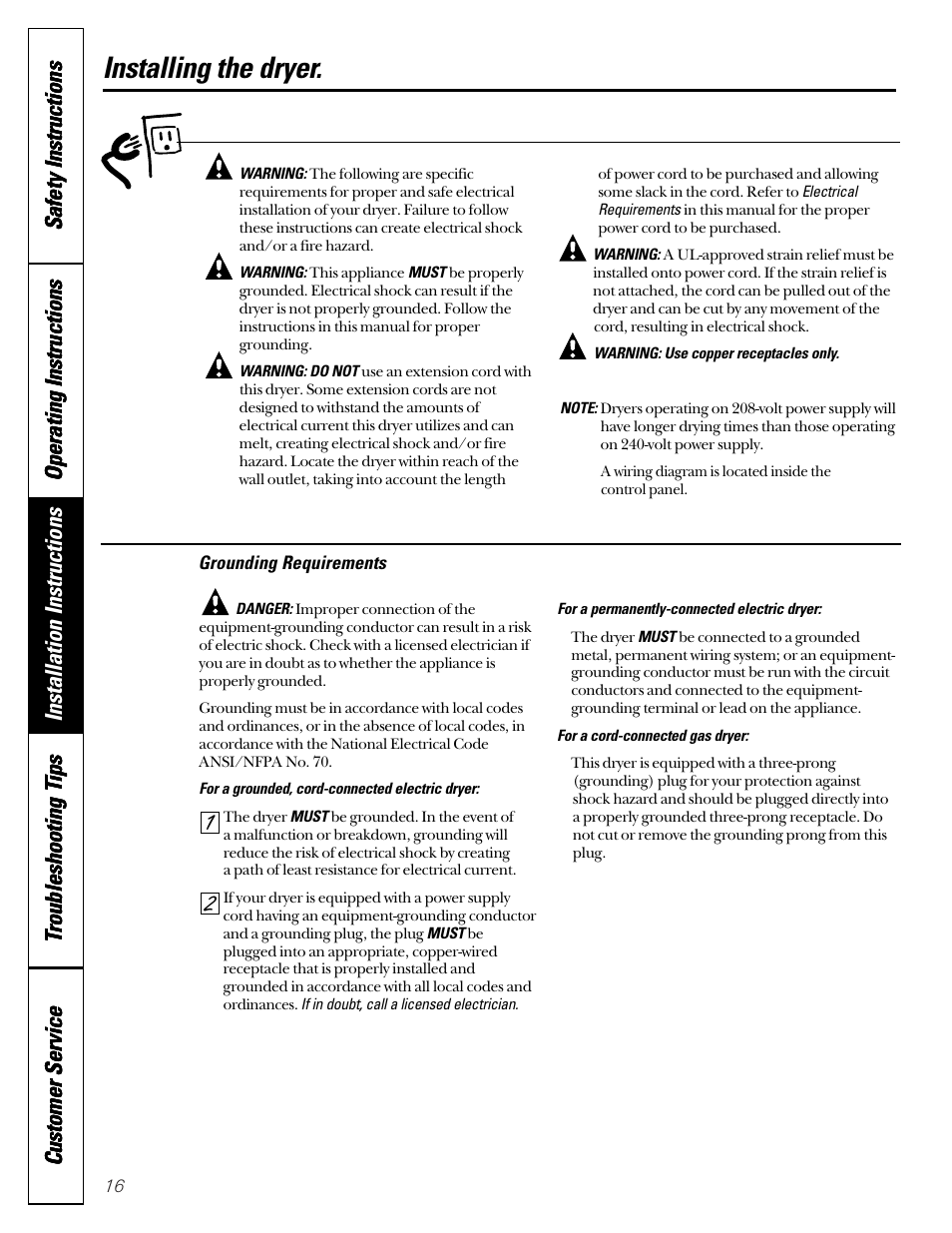 Electrical installation for electric dryer | GE DCL333 User Manual | Page 16 / 24