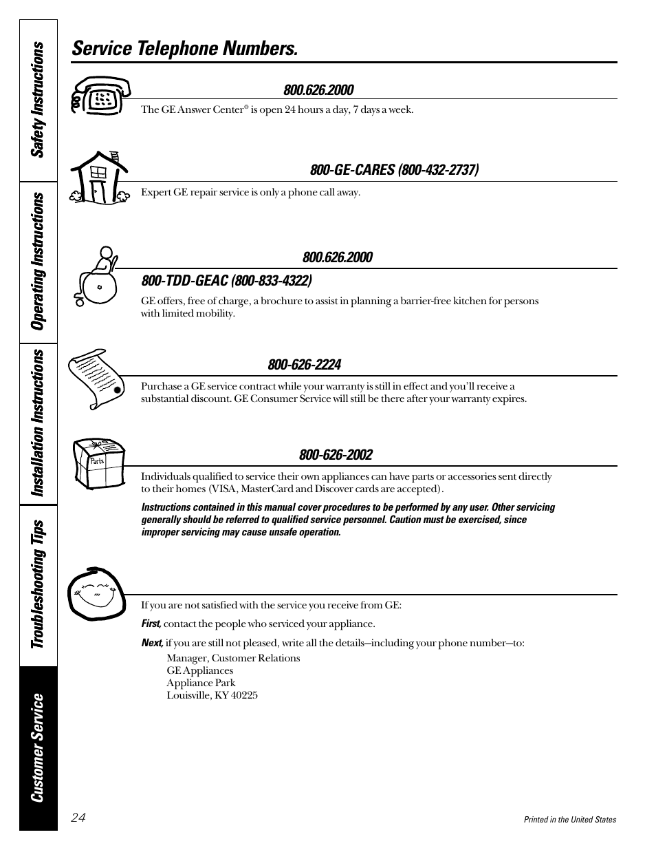 Service telephone numbers, Service telephone numbers. ge answer center, In-home repair service | Special needs service, Service contracts, Parts and accessories, Service satisfaction | GE DCL333 User Manual | Page 24 / 24