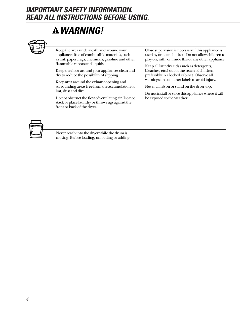 Warning, Your laundry area, When using your dryer | GE DCL333 User Manual | Page 4 / 24