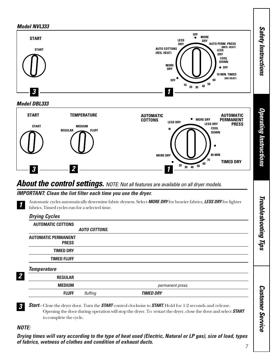 About the control settings, Drying cycles, Temperature | Start, Model nvl333, Model dbl333 | GE DCL333 User Manual | Page 7 / 24