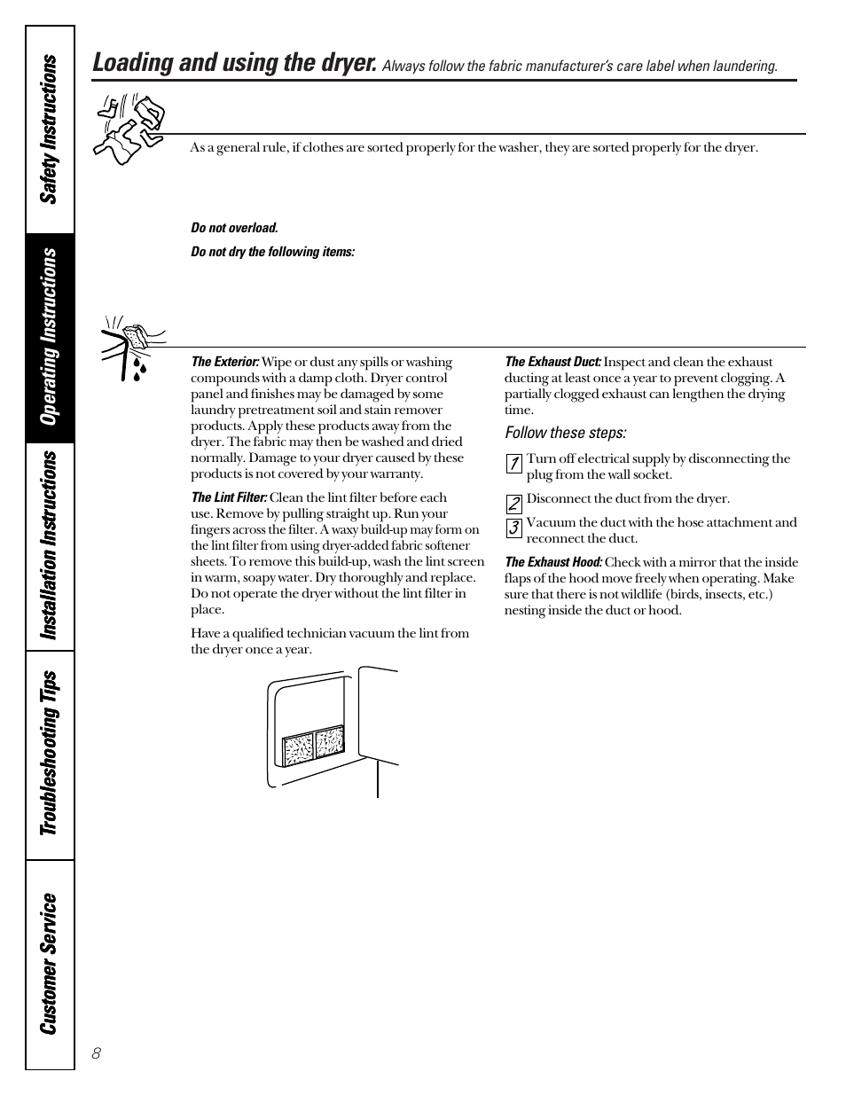 Care and cleaning, Loading and using the dryer, Sorting and loading hints | Care and cleaning of the dryer | GE DCL333 User Manual | Page 8 / 24