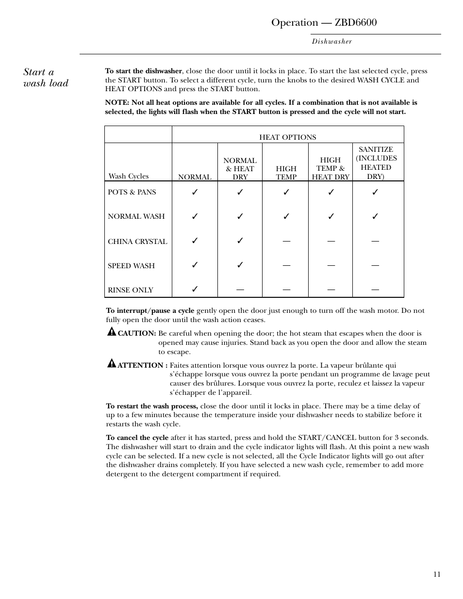 Operation — zbd6600, Start a wash load | GE ZBD6900 User Manual | Page 11 / 32