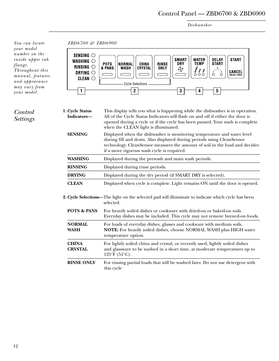 Zbd6700 and zbd6900, Control settings | GE ZBD6900 User Manual | Page 12 / 32