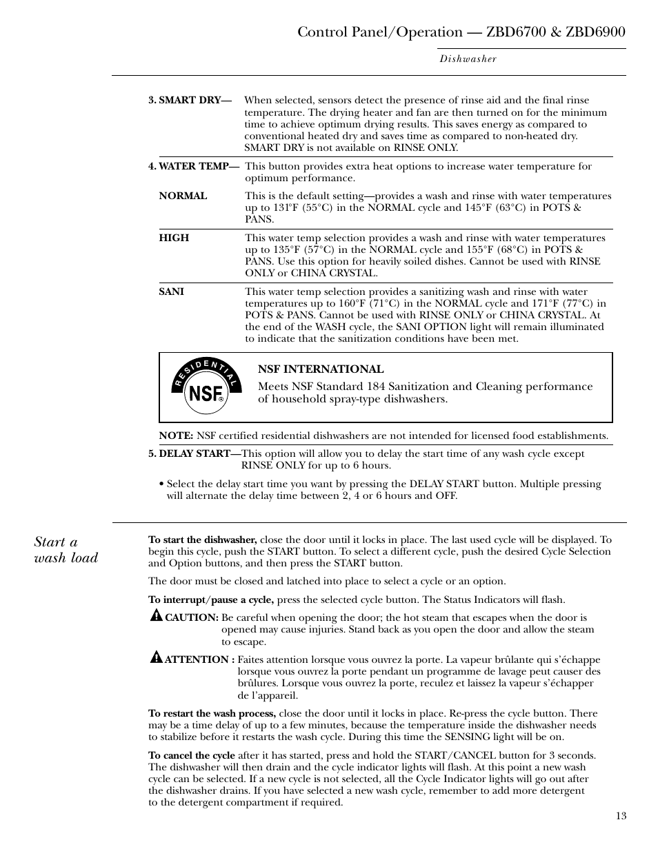 Start a wash load | GE ZBD6900 User Manual | Page 13 / 32