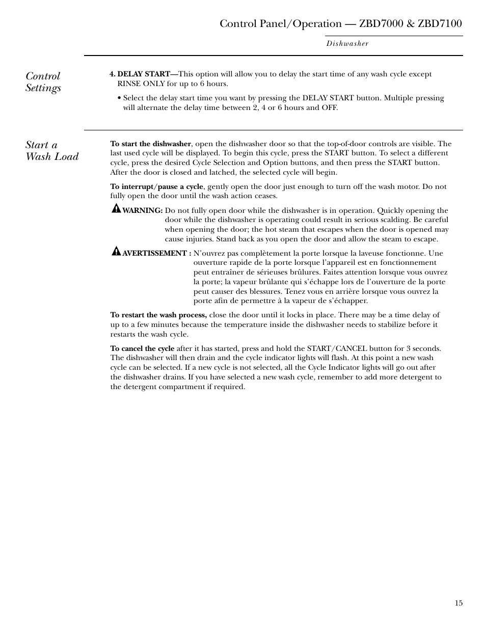 Control settings | GE ZBD6900 User Manual | Page 15 / 32