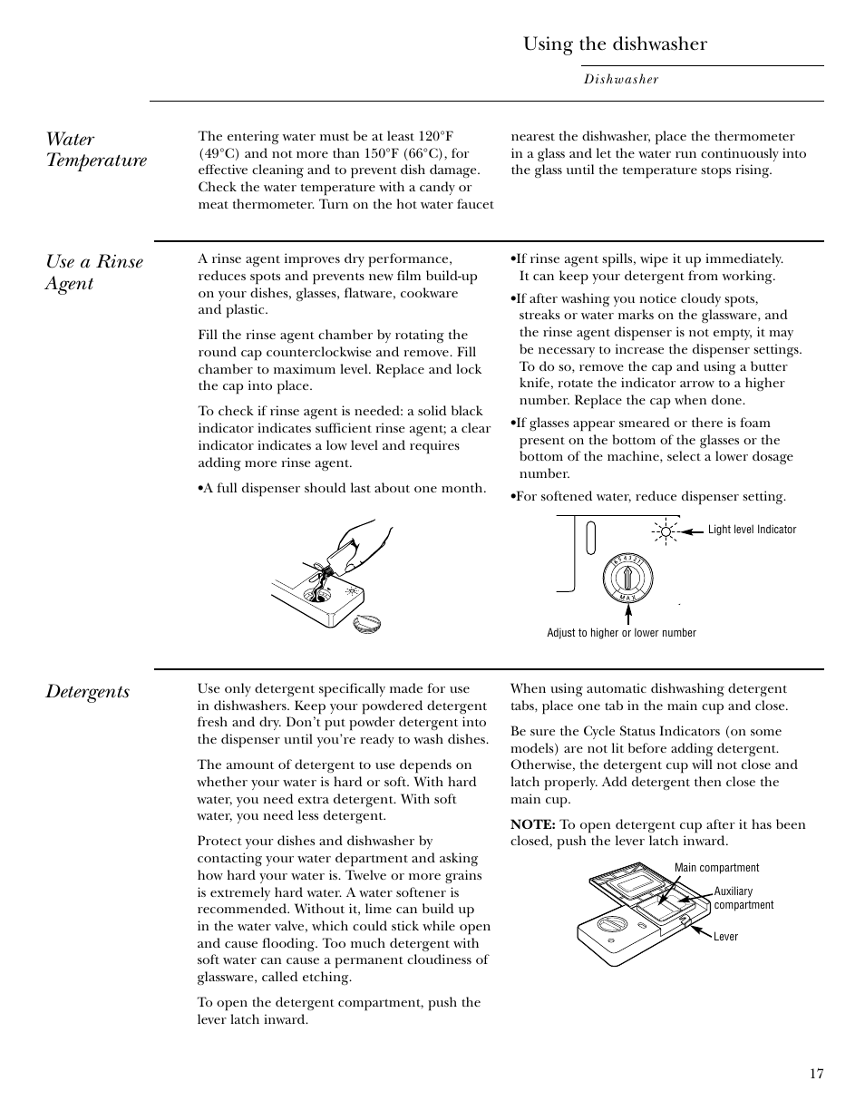 Water temperature, Rinse agent, Detergents | Water temperature rinse agent detergents, Using the dishwasher, Detergents water temperature, Use a rinse agent | GE ZBD6900 User Manual | Page 17 / 32