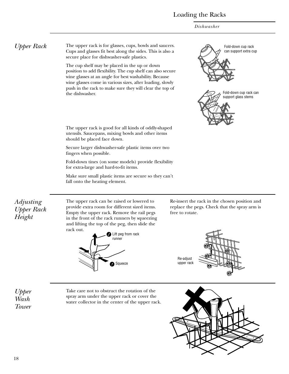 Dishwasher racks, Dishwasher racks , 19, Loading the racks | Upper rack, Upper wash tower, Adjusting upper rack height | GE ZBD6900 User Manual | Page 18 / 32