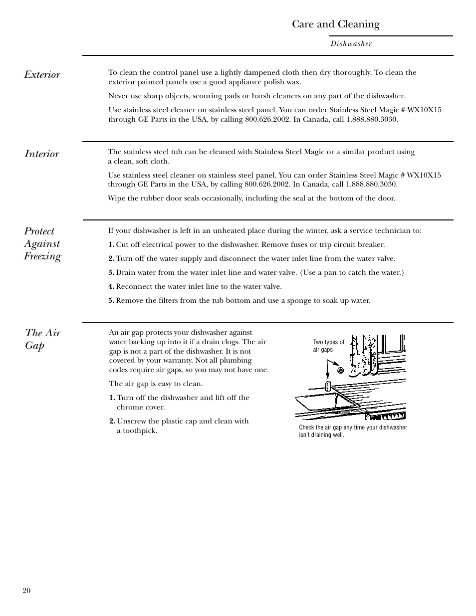 Care and cleaning, Care and cleaning –23, Exterior | Protect against freezing, The air gap, Interior | GE ZBD6900 User Manual | Page 20 / 32