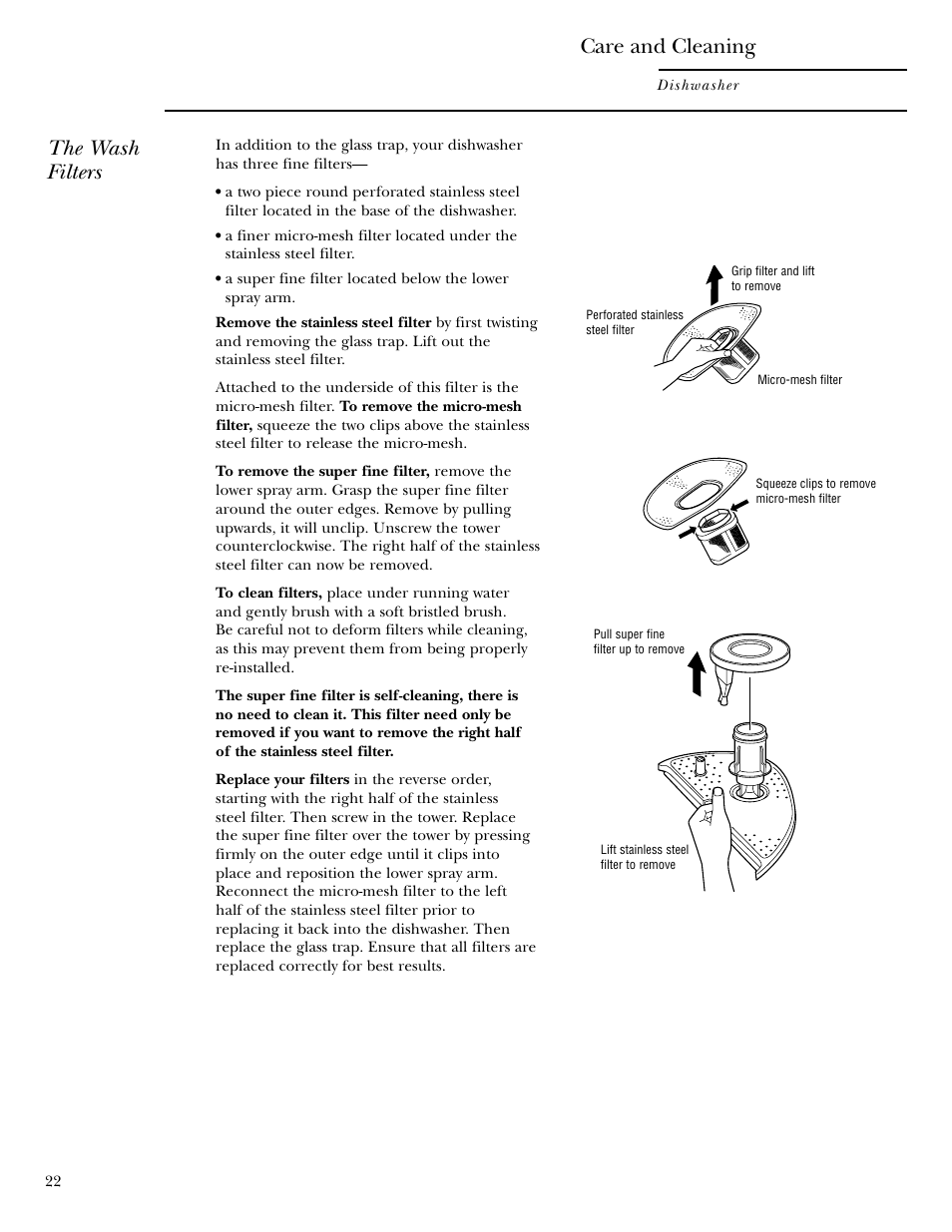 Care and cleaning, The wash filters | GE ZBD6900 User Manual | Page 22 / 32