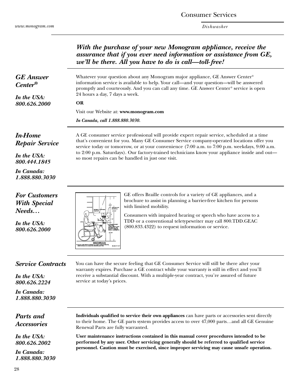 Consumer services, Consumer services , 28, In-home repair service | Service contracts, Parts and accessories, For customers with special needs | GE ZBD6900 User Manual | Page 28 / 32