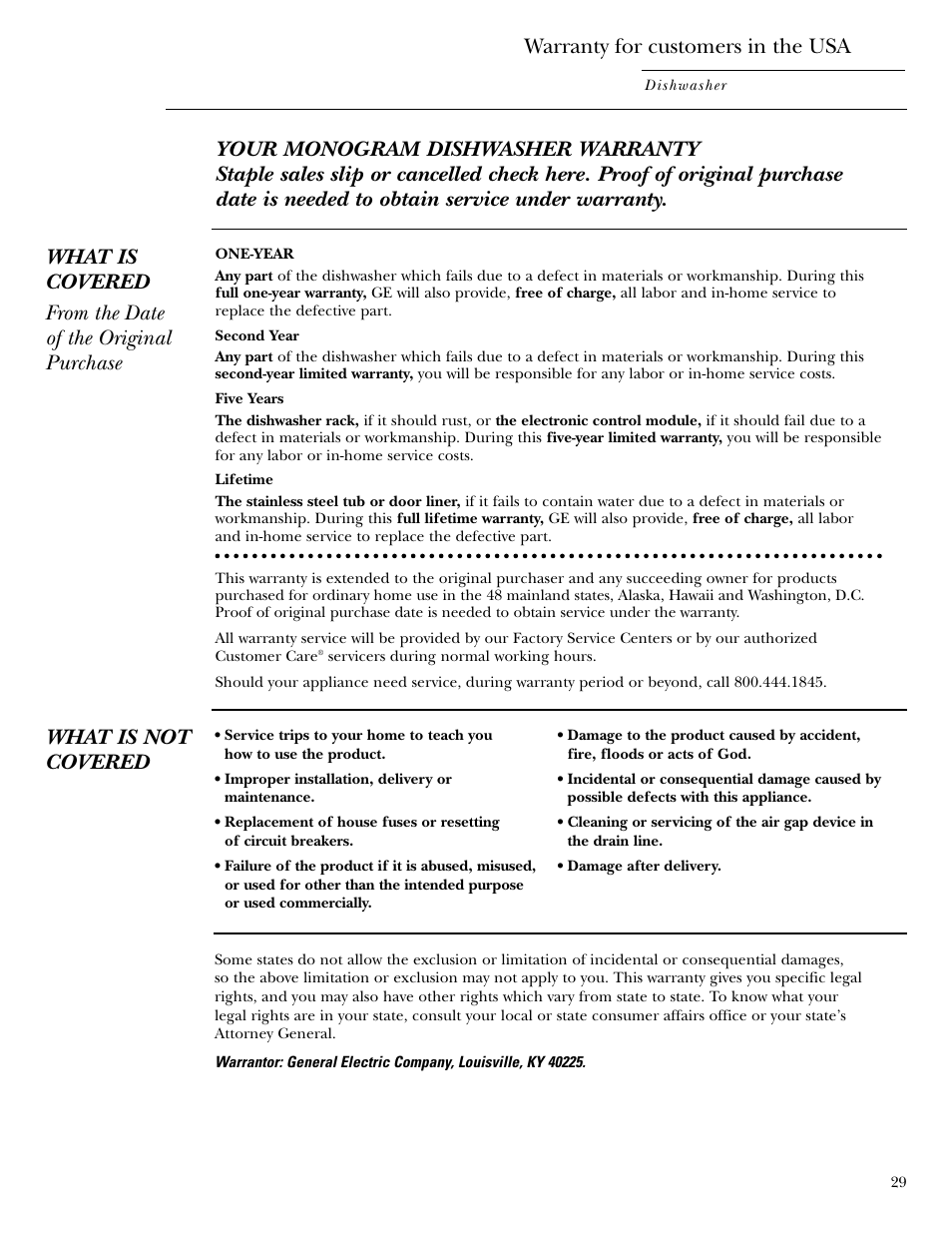 Usa warranty, What is not covered, Warranty for customers in the usa | GE ZBD6900 User Manual | Page 29 / 32