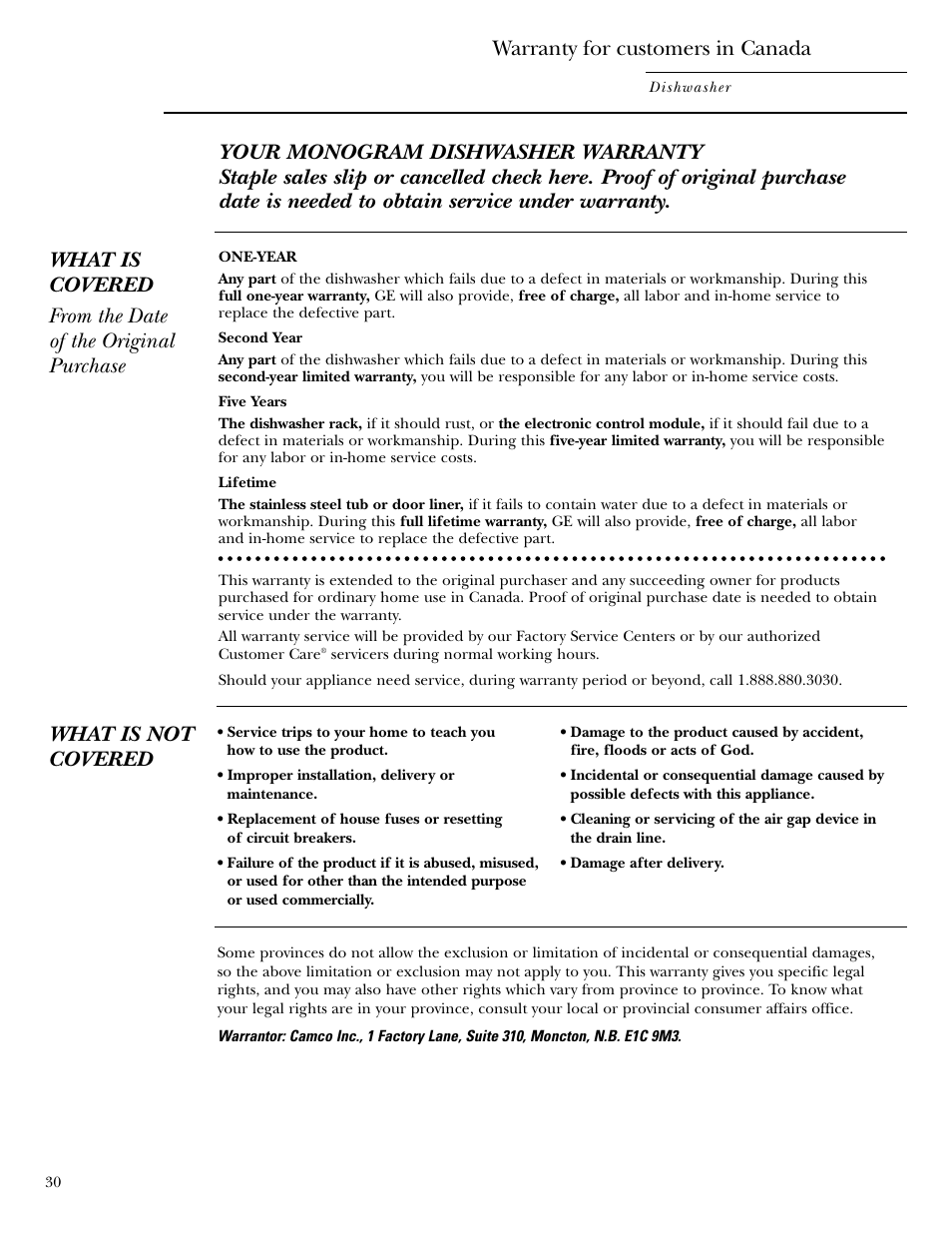 Canada warranty, Warranty for customers in canada, What is not covered | GE ZBD6900 User Manual | Page 30 / 32