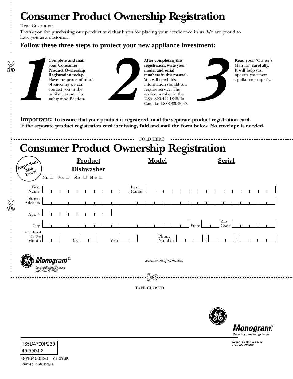 Appliance registration, Appliance registration , 31, 32, Consumer product ownership registration | GE ZBD6900 User Manual | Page 32 / 32