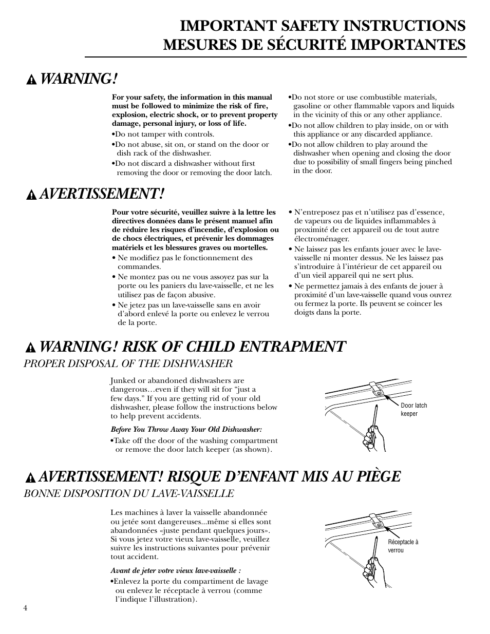 Safety instructions, Safety instructions –7, Avertissement | Avertissement! risque d’enfant mis au piège, Warning! risk of child entrapment, Bonne disposition du lave-vaisselle, Proper disposal of the dishwasher | GE ZBD6900 User Manual | Page 4 / 32