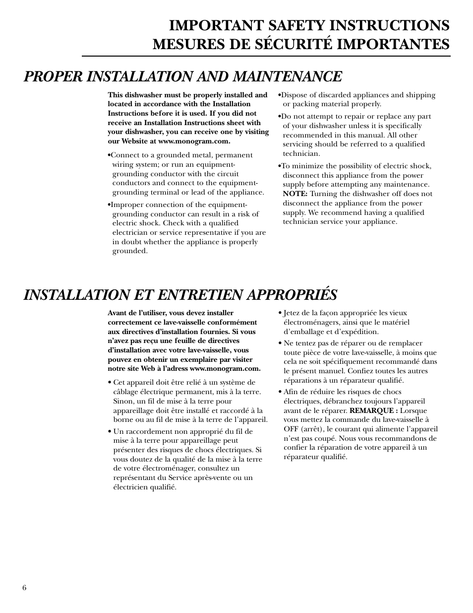 Installation et entretien appropriés | GE ZBD6900 User Manual | Page 6 / 32