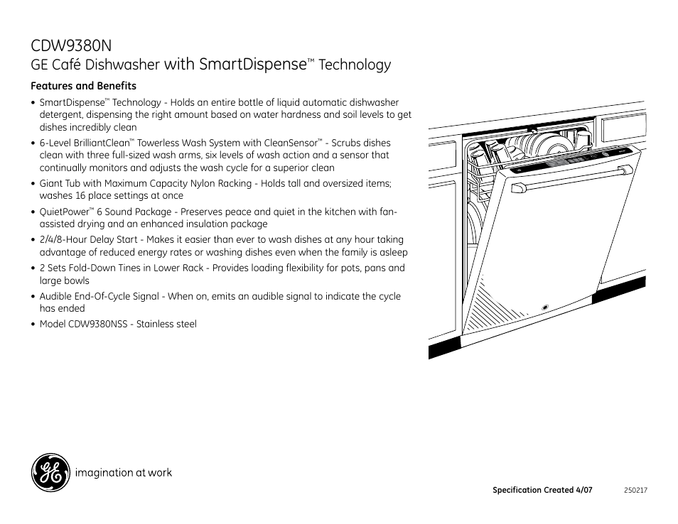 Cdw9380n, With smartdispense, Ge café dishwasher | Technology, Features and benefits | GE CDW9380NSS User Manual | Page 2 / 2