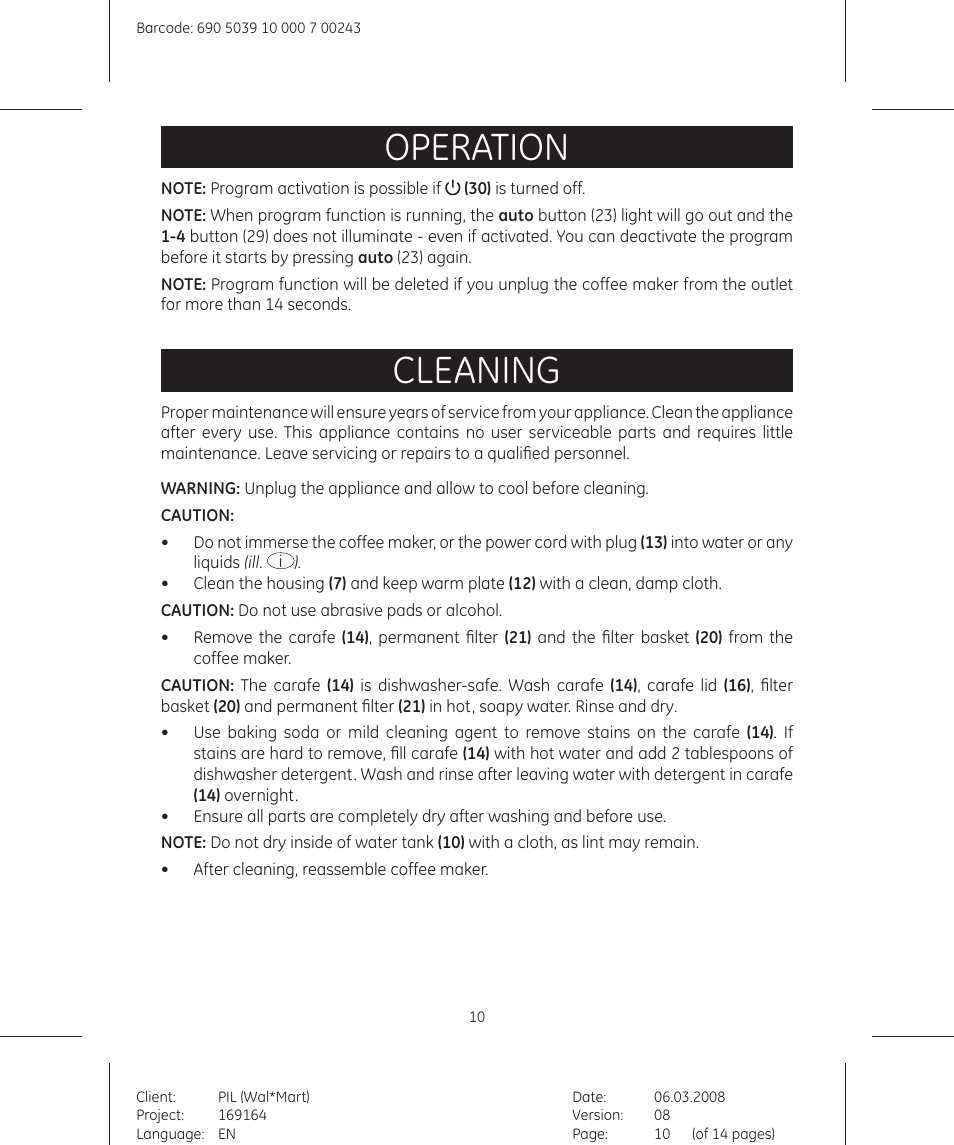 Operation, Cleaning | GE 169164 User Manual | Page 10 / 14