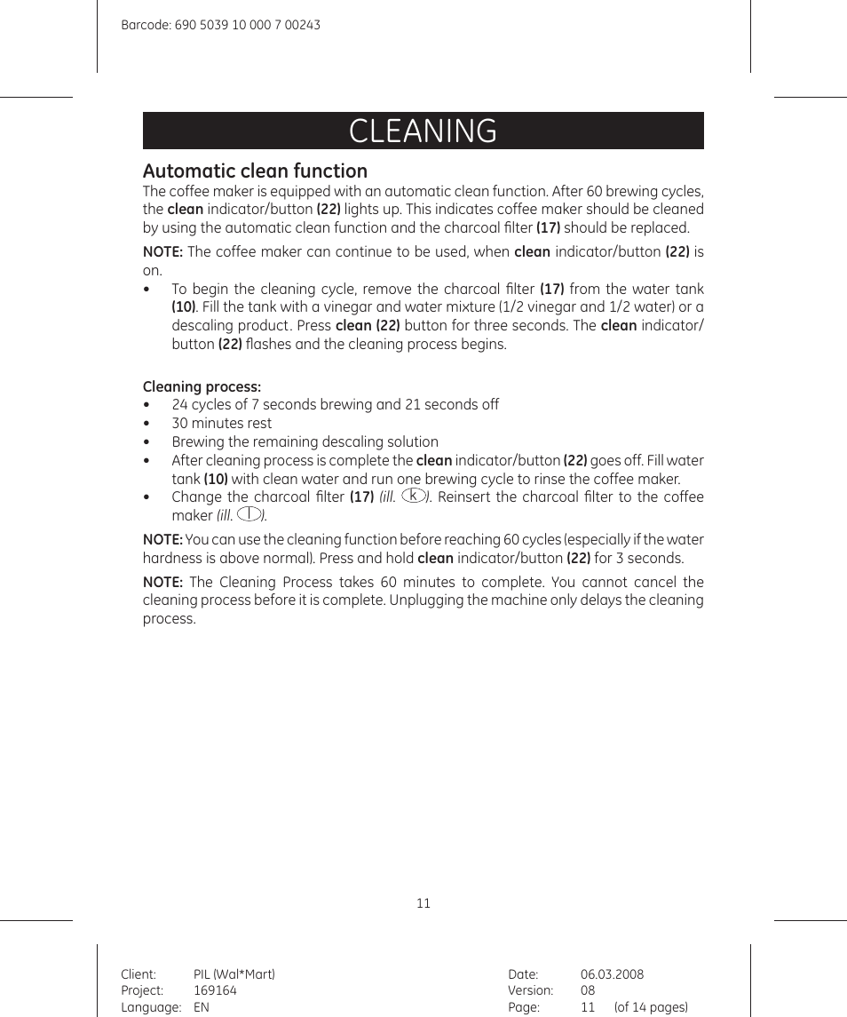 Cleaning, Automatic clean function | GE 169164 User Manual | Page 11 / 14