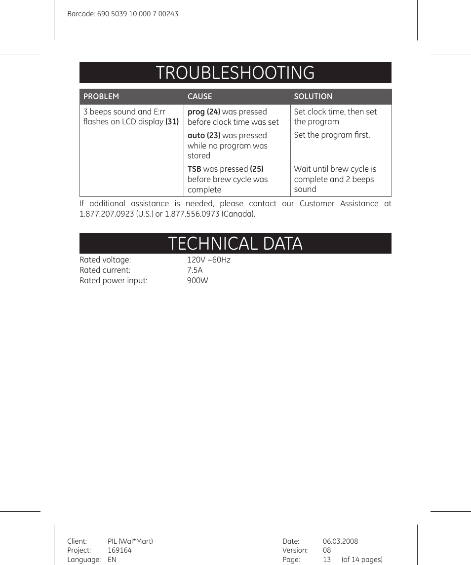 Troubleshooting, Technical data | GE 169164 User Manual | Page 13 / 14