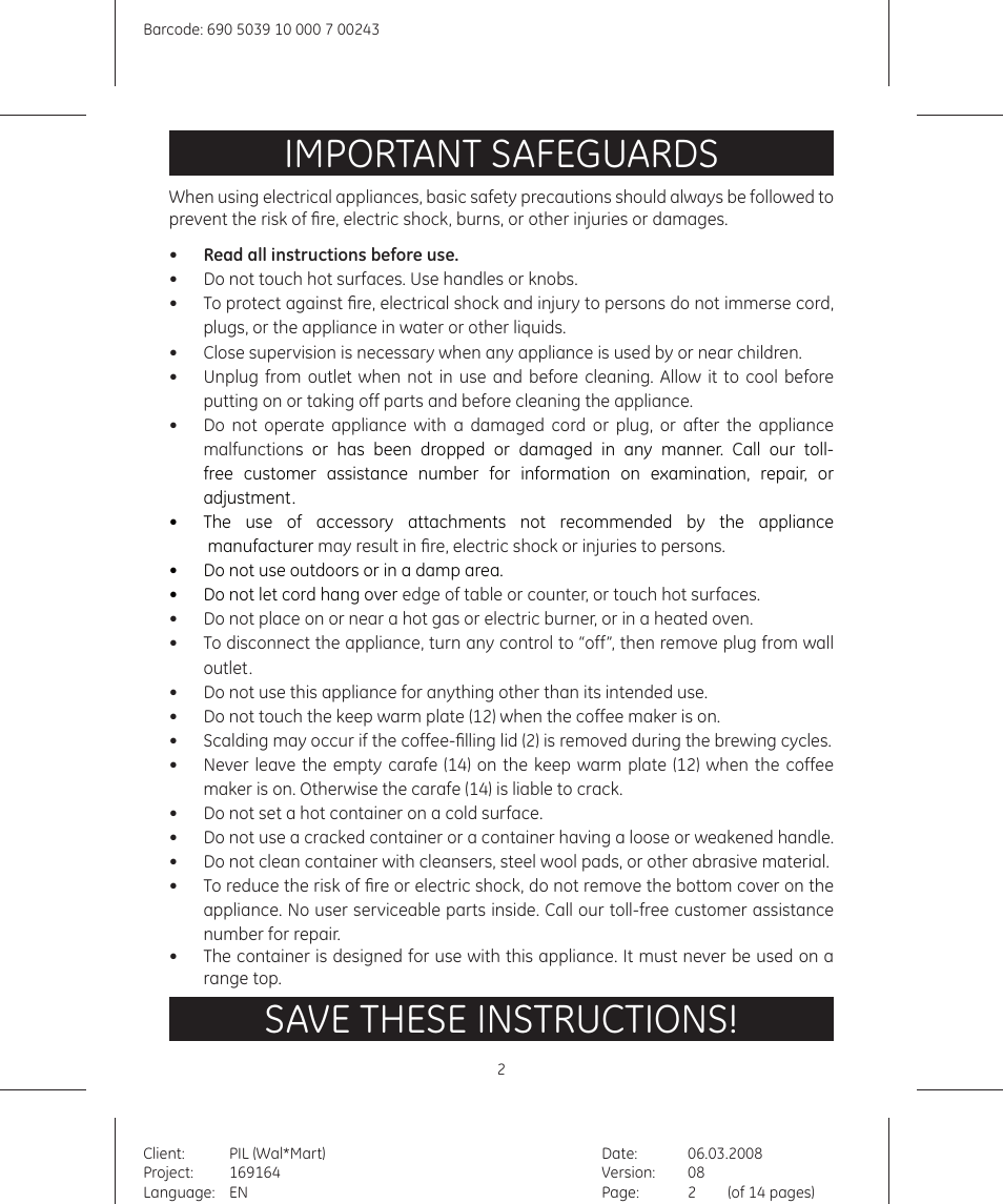 Important safeguards, Save these instructions | GE 169164 User Manual | Page 2 / 14