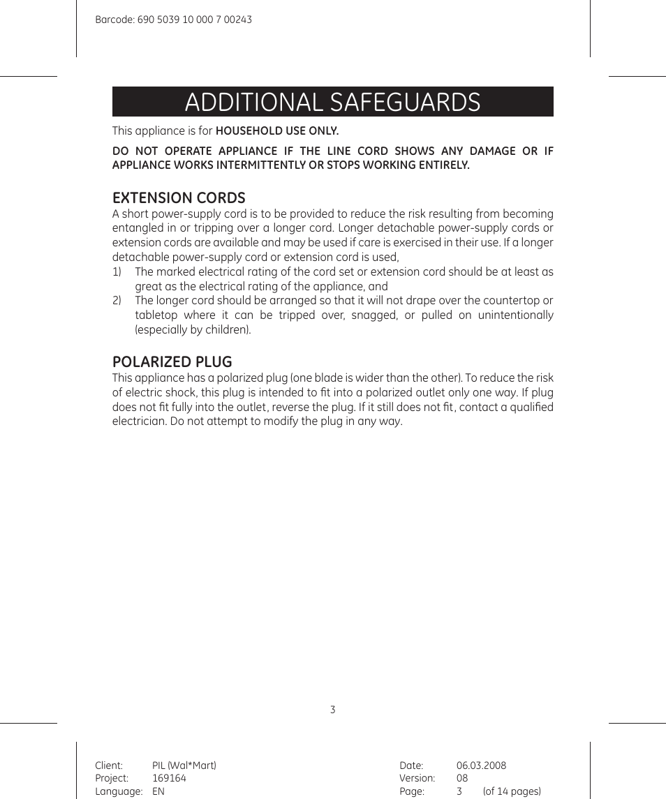 Additional safeguards, Extension cords, Polarized plug | GE 169164 User Manual | Page 3 / 14