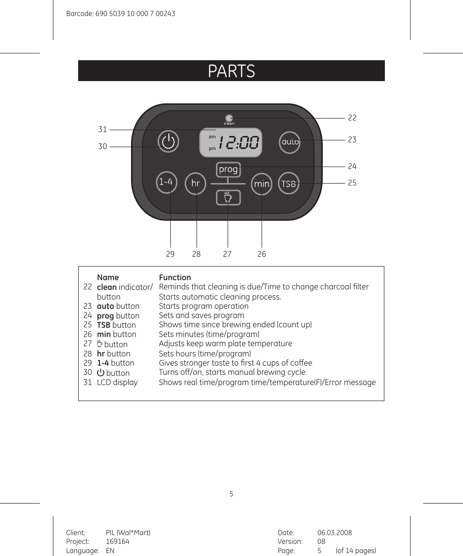 Parts | GE 169164 User Manual | Page 5 / 14