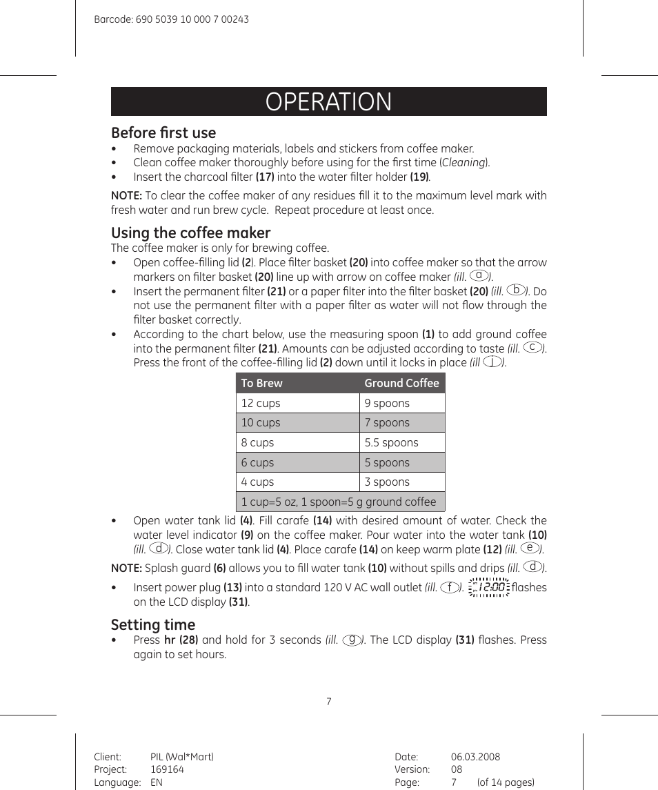 Operation, Before first use, Using the coffee maker | Setting time | GE 169164 User Manual | Page 7 / 14