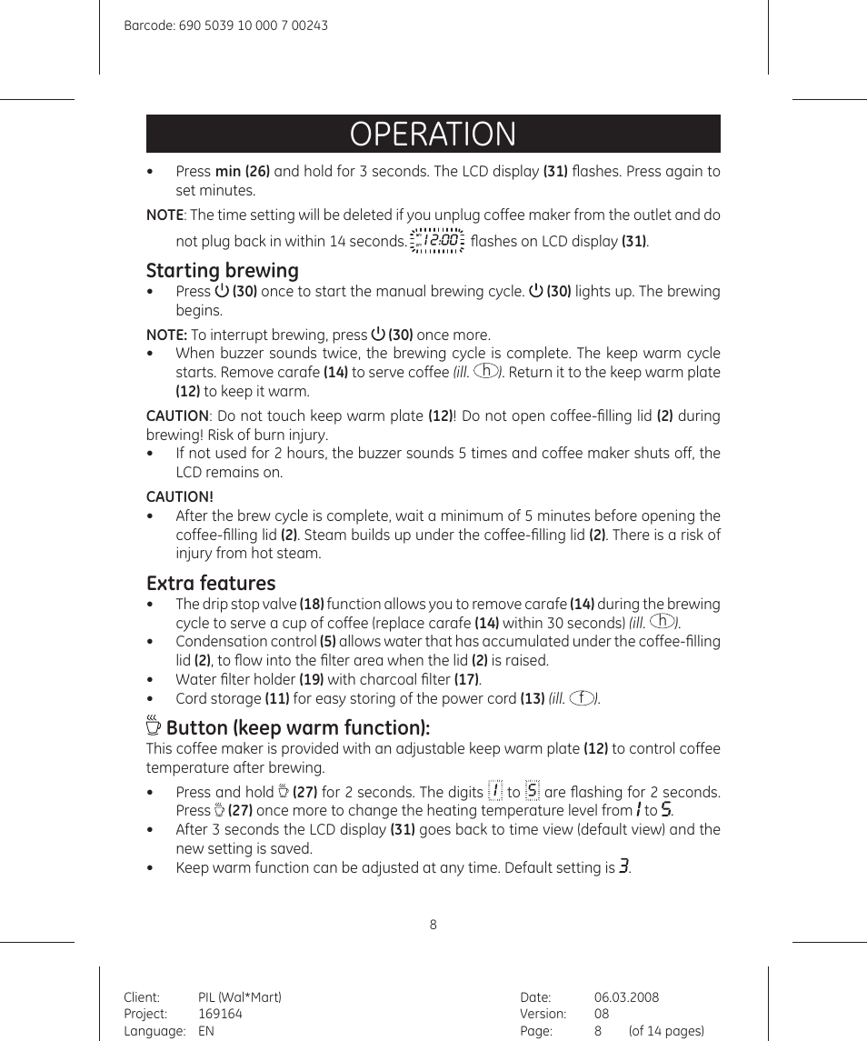 Operation, Starting brewing, Extra features | Button (keep warm function) | GE 169164 User Manual | Page 8 / 14