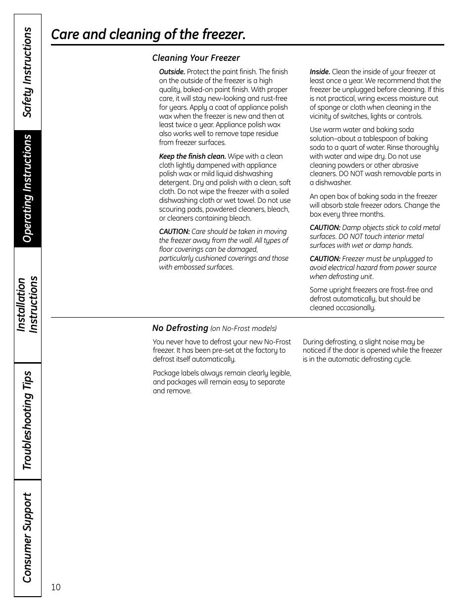 Care and cleaning, Care and cleaning –12, Care and cleaning of the freezer | GE FUF12 User Manual | Page 10 / 60