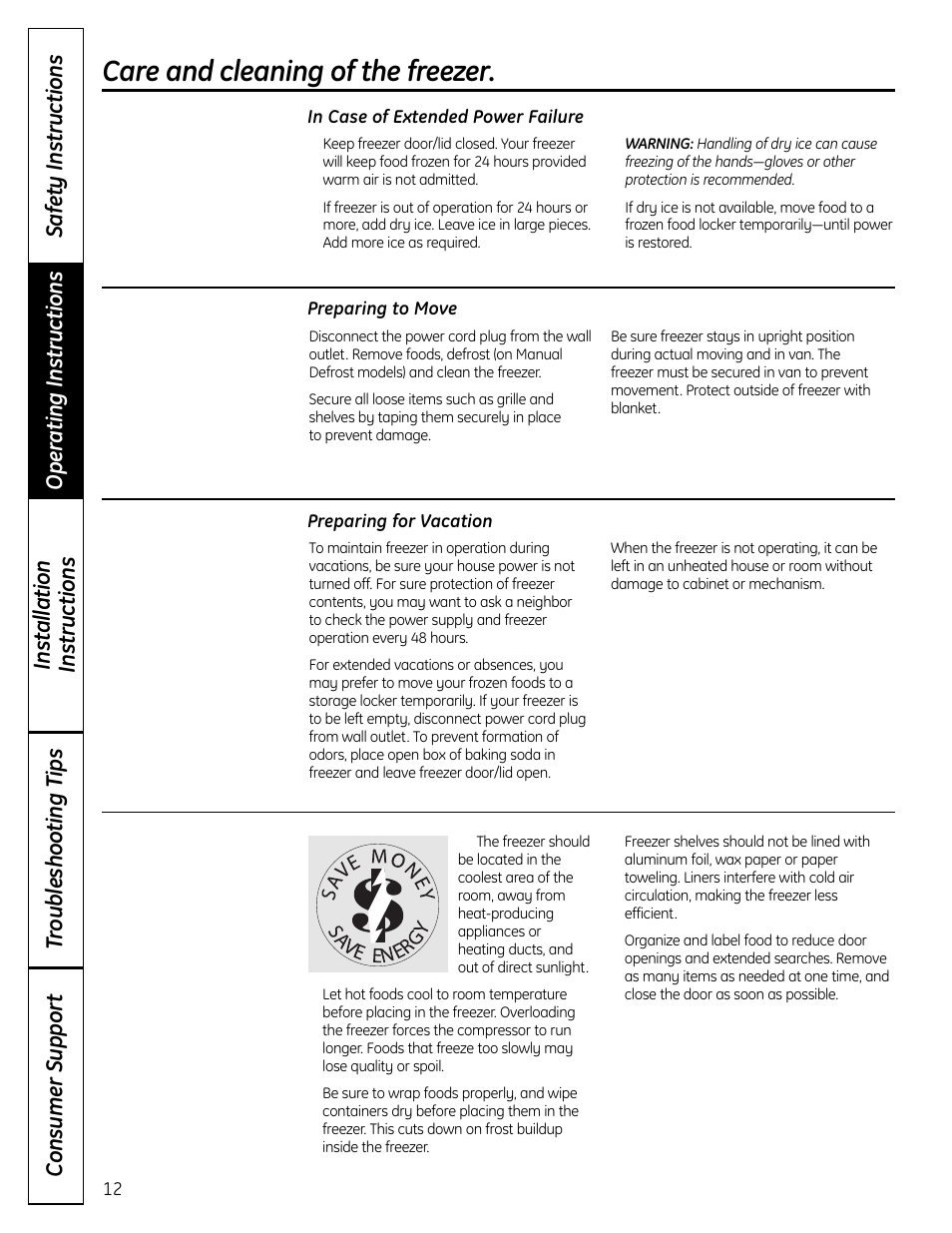 Care and cleaning of the freezer | GE FUF12 User Manual | Page 12 / 60